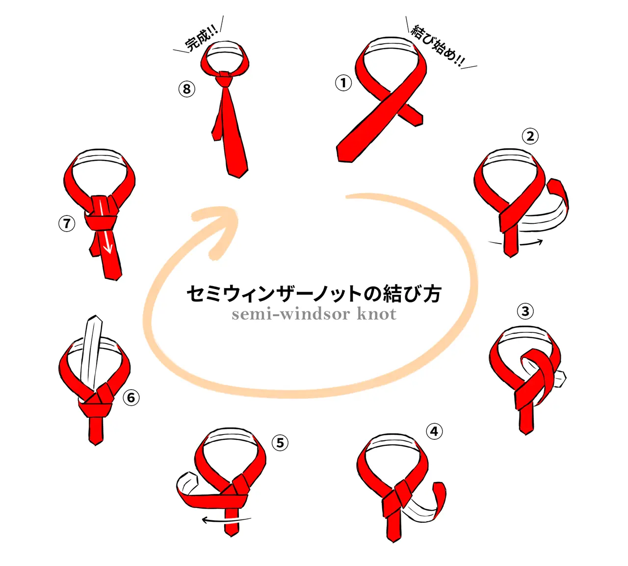 ワイドカラーなど襟（えり）の開きが大きいシャツとの相性が抜群な「セミウィンザーノット（semi-Windsor Knot）」の結び方です。プレーンノットと一緒に覚えておけると、向かうところ敵なしと言えます。