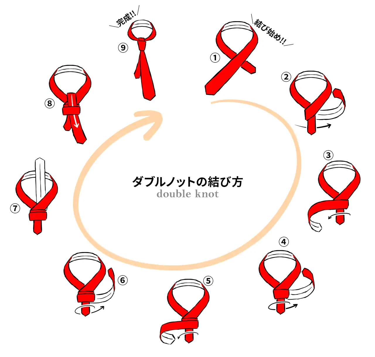 プレーンノットよりも結び目が大きくなる「ダブルノット（Double Knot）」です。どちらかというと、結び目が縦に長いイメージなので、レギュラーカラーやボタンダウンカラーとの相性がいいと言えます。