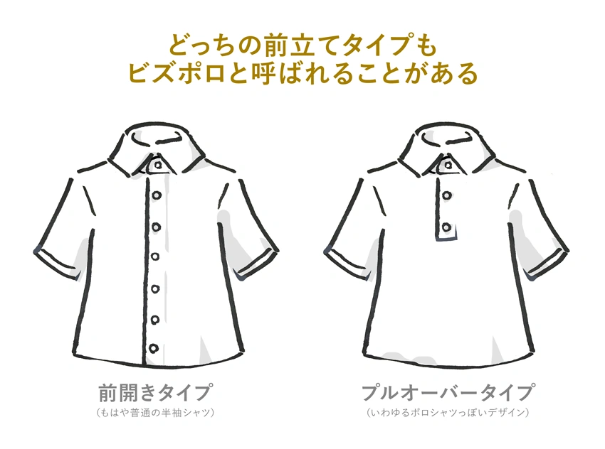 前立て部分が完全に開く「前開き」と、頭から被って着用する「プルオーバー」。どちらも、ビズポロのデザインとして採用されています。